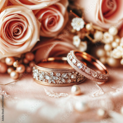 Pair of gold rings with diamonds, set against a backdrop of pink roses and pearls.