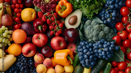 Variedad de frutas y verduras frescas en colores vibrantes