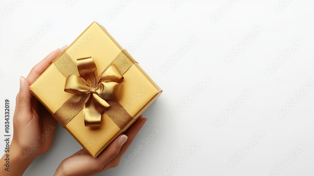 Golden Gift Box With Ribbon In Hands - Surprise Celebration Golden Gift Box With Ribbon In Hands - Surprise Celebration