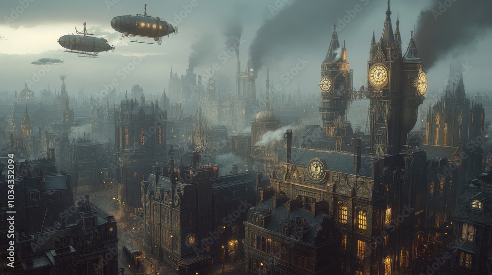 A Steampunk Cityscape with Airships and Clock Towers A Steampunk Cityscape with Airships and Clock Towers