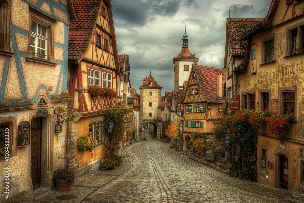 A quaint village street lined with colorful timber-framed homes reveals a historical charm, bathed in soft light as clouds pass overhead in the late afternoon. A quaint village street lined with colorful timber-framed homes reveals a historical charm, bathed in soft light as clouds pass overhead in the late afternoon.