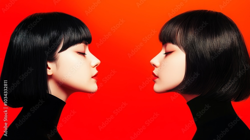 © prime stock - Twin Sisters Standing in Unity with Neutral Expressions, Capturing a Calm and Synchronized Moment on Solid Background