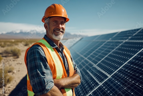 Smiling Construction Worker Standing In Front Of Solar Panels