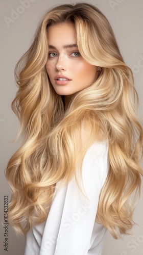 A beautiful woman displays her long, wavy blond hair against a soft pastel background in a professional studio setting