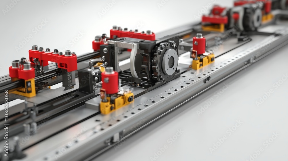 Fototapeta premium Detailed mechanics of assembly line equipment move efficiently during production