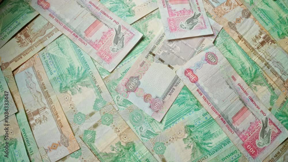United arab emirates dirham banknotes in various denominations spread out in an overlapping pattern. United arab emirates dirham banknotes in various denominations spread out in an overlapping pattern.
