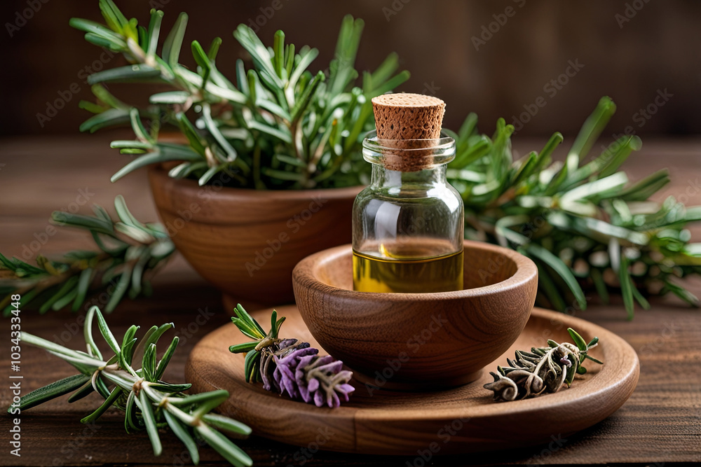 Healing Harmony Rosemary Essential Oil and Fresh Herbs in a Rustic Setting Healing Harmony Rosemary Essential Oil and Fresh Herbs in a Rustic Setting