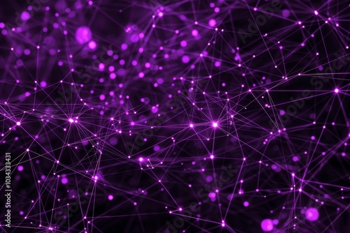 A vibrant display of interconnected purple dots and lines against a dark backdrop illustrates the concept of digital networks and connectivity in technology.