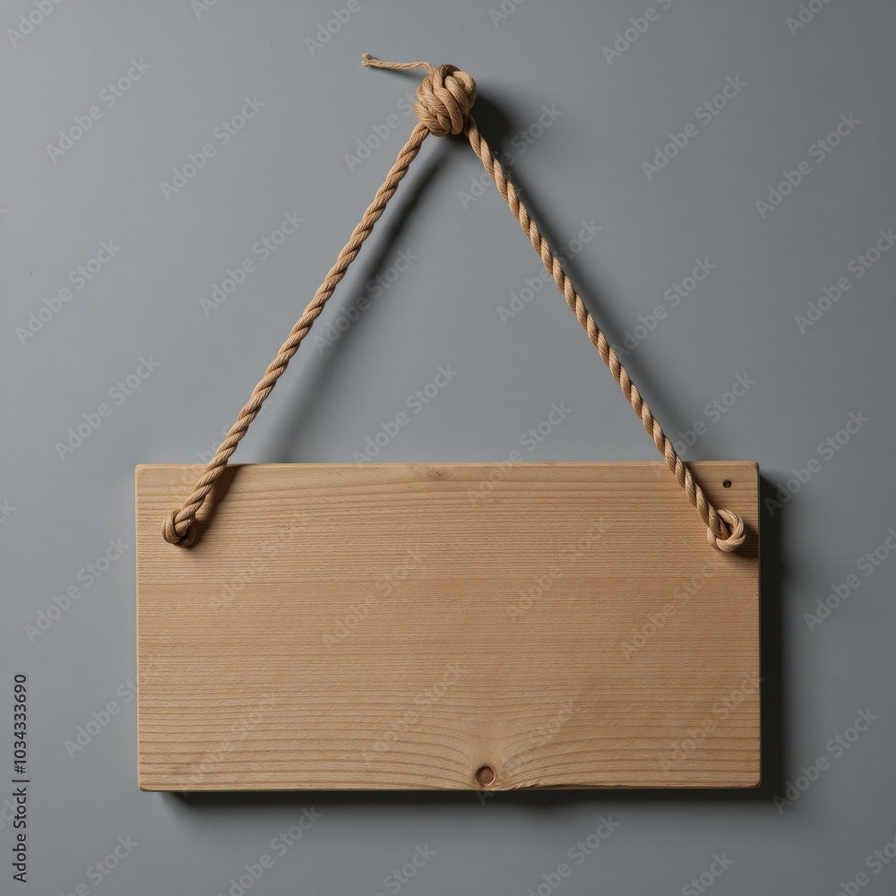 Antique wooden sign with rope detail hanging against grey wall Antique wooden sign with rope detail hanging against grey wall