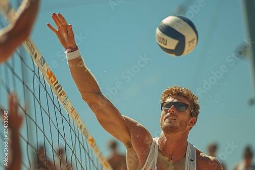 Volleyball, net with sports and fitness, blue sky and people outdoor playing game with training and summer. Exercise, athlete and competition, match with ball and active, workout and team tournament photo