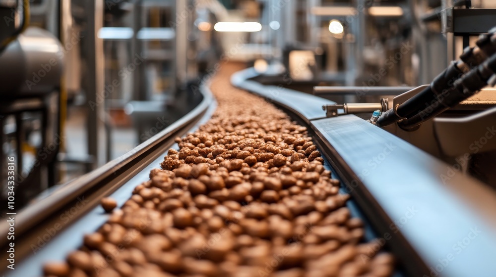 Raw materials glide smoothly along conveyor belts in a busy factory environment Raw materials glide smoothly along conveyor belts in a busy factory environment