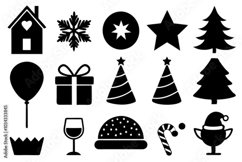 Christmas icons. Christmas silhouettes isolated on white background. Vector winter stickers: snowflakes, christmas tree, balls, bottle, vector silhouettes of elf, snowman, deer. Big christmas icon set