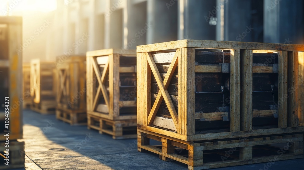 Sunlight streams into a warehouse lighting crates of industrial equipment for shipping Sunlight streams into a warehouse lighting crates of industrial equipment for shipping