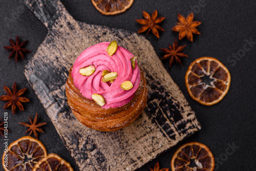 Sweet craffin or panettone garnished with raspberry and pistachio flavored cream photo