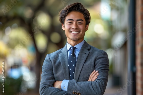 Smiling Young Businessman Wearing Suit and Tie Outdoors