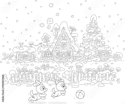 Happy little puppy and kitten playing with a toy ball in a yard of a snow-covered old village house with a fence in countryside on a pretty snowy winter day, black and white vector cartoon