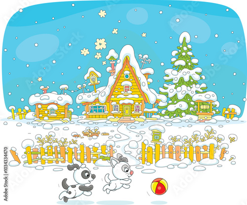 Happy little puppy and kitten playing with a toy ball in a yard of a snow-covered old village house with a fence in countryside on a pretty snowy winter day, vector cartoon illustration