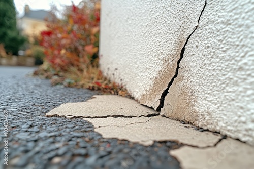 Close up of a large crack in a foundation wall and driveway, indicating structural damage photo