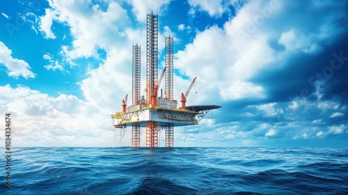 Drilling rigs operate on an offshore platform surrounded by vast ocean waters photo