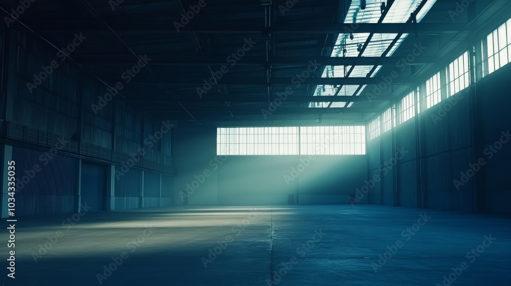 Sunlight streams through windows of an empty shipping warehouse highlighting its vastness Sunlight streams through windows of an empty shipping warehouse highlighting its vastness