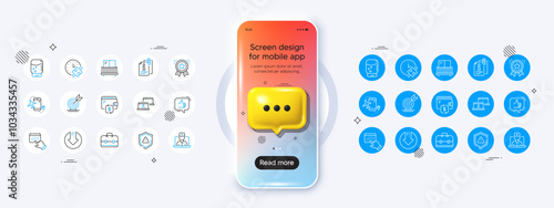 Phone mockup with 3d chat icon. Wallet, Download arrow and Portfolio line icons. Pack of Attached info, Target goal, Water cooler icon. Outsource work, Telemedicine, Loyalty award pictogram. Vector