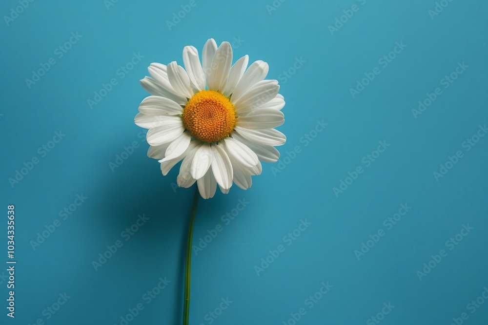 A fresh daisy stands upright on a slender stem, its white petals radiating around a bright yellow center, captured against a calm blue backdrop. A fresh daisy stands upright on a slender stem, its white petals radiating around a bright yellow center, captured against a calm blue backdrop.