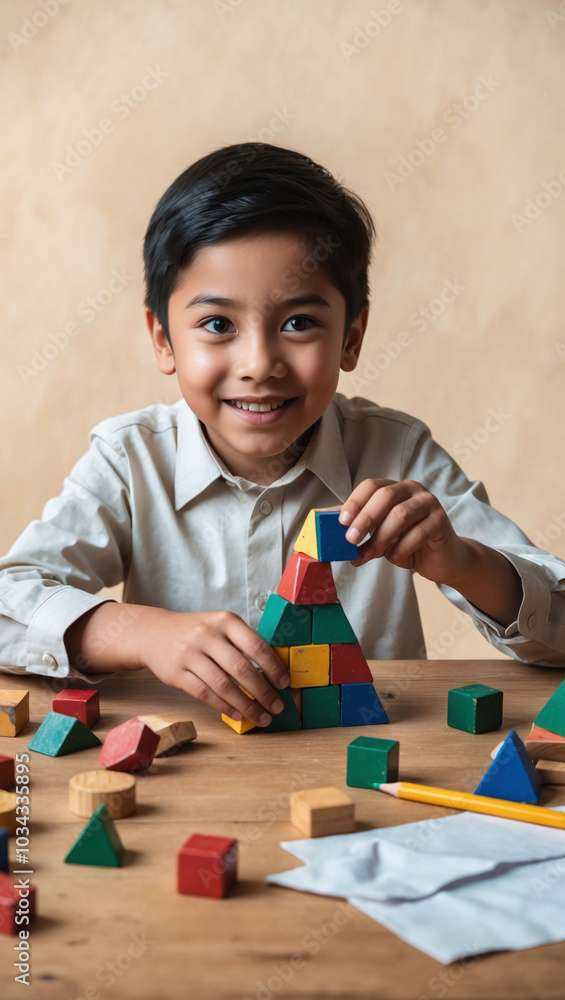 Student learning about geometry by constructing shapes with a set of building blocks Student learning about geometry by constructing shapes with a set of building blocks