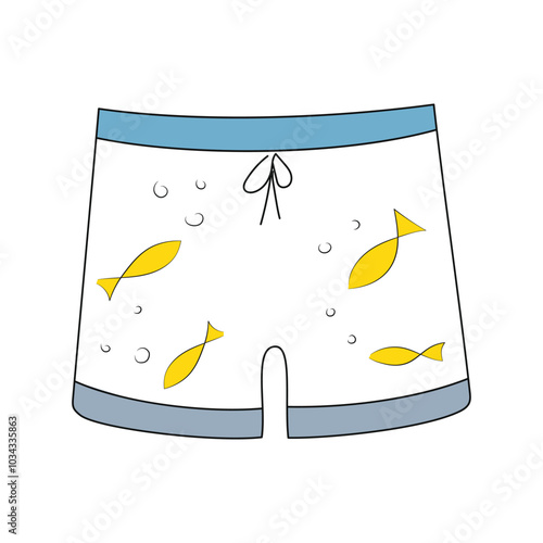 Swimming trunks vector drawing. Boyish swimming trunks on white background. Swimwear for boys vector illustration. Underwear for children sketch.