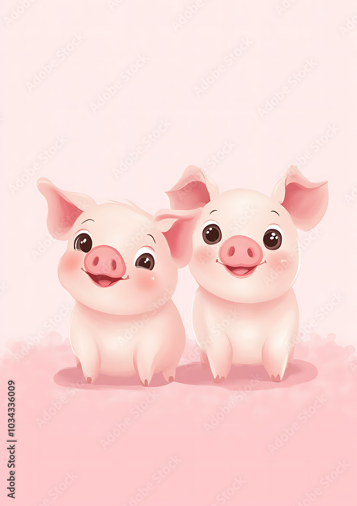 Two adorable cartoon pigs designed for children, with bright colors and friendly expressions. A playful and fun illustration in comic style, perfect for storytelling