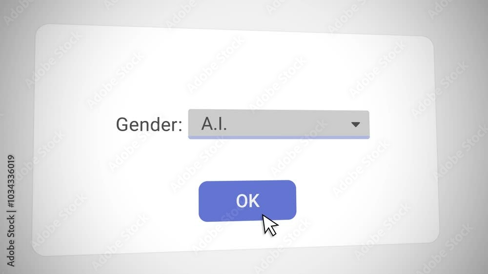 Computer mouse pointer arrow choosing A.I. option for gender question. Artificial intelligence gender selection in questionnaire test or sign up form. Futuristic robot with human emotions and rights Computer mouse pointer arrow choosing A.I. option for gender question. Artificial intelligence gender selection in questionnaire test or sign up form. Futuristic robot with human emotions and rights