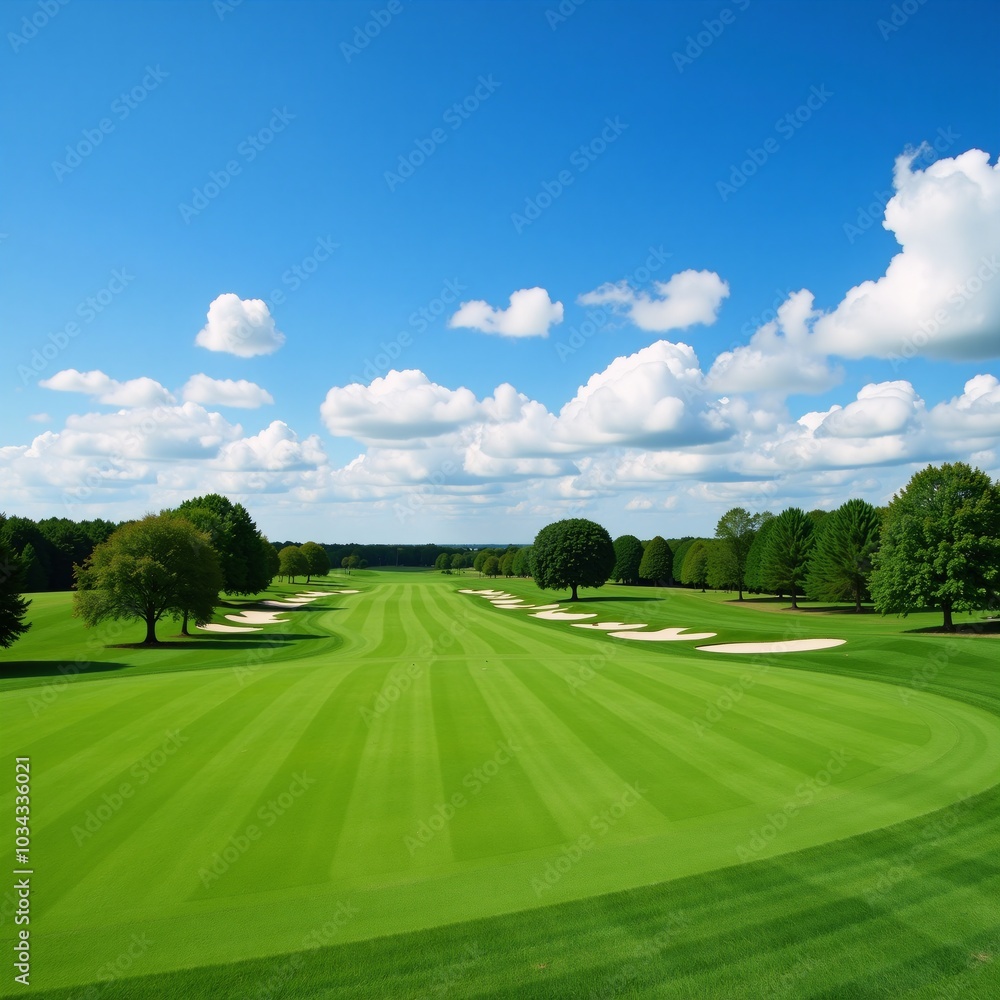 Naklejka premium A picturesque golf course scene features lush green fairways under a clear blue sky