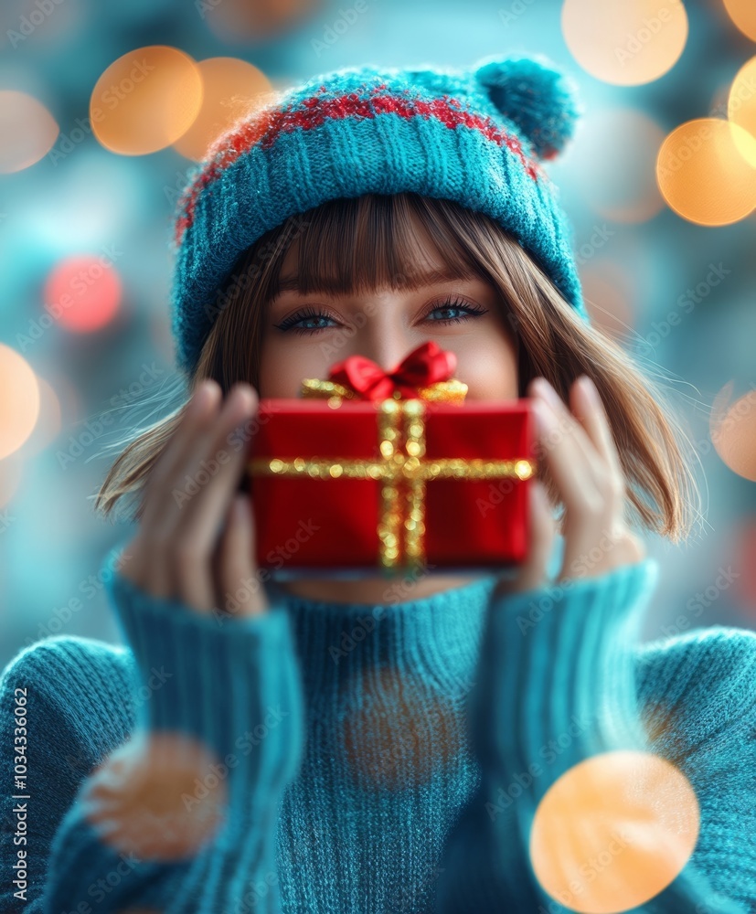 a beautiful brunette in blue turtleneck and blue wool hat is holding a christmas gift wrapped in red with a golden bow, against red and blue bokeh bakground. Season greetings concept a beautiful brunette in blue turtleneck and blue wool hat is holding a christmas gift wrapped in red with a golden bow, against red and blue bokeh bakground. Season greetings concept
