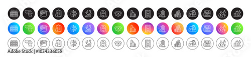 Wholesale goods, Boxes shelf and Inspect line icons. Round icon gradient buttons. Pack of Toolbox, Building warning, Electricity consumption icon. Vector