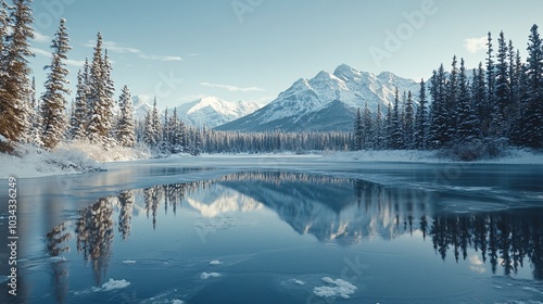 A serene winter landscape featuring snow-covered mountains and a tranquil lake reflecting the scenery, surrounded by evergreen trees.