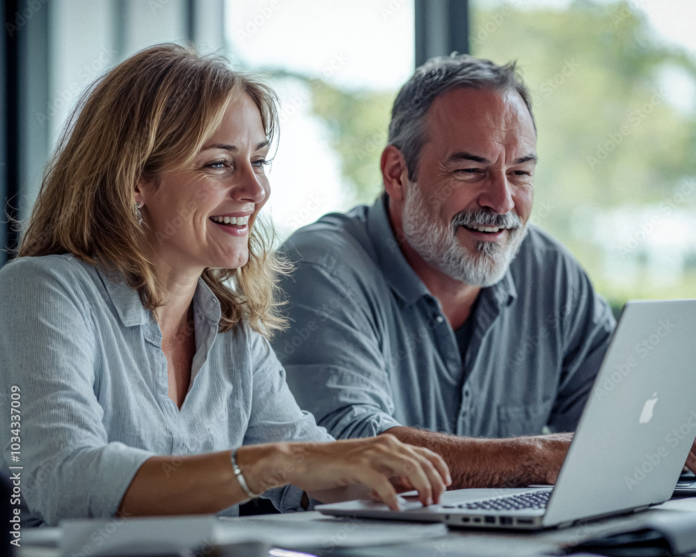 Fototapeta premium Happy Man and Woman Working a Laptop in an Office