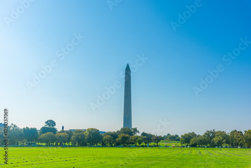 World famous Washington Monument under a blue sky