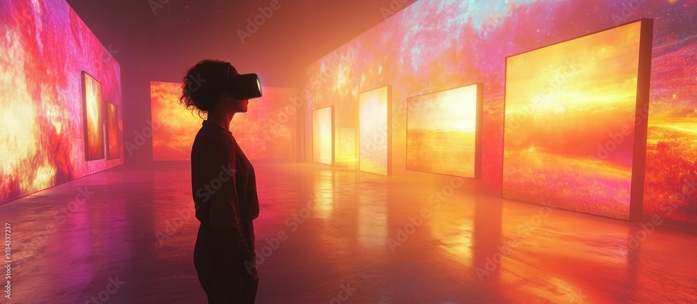A woman wearing a VR headset stands in a room lit by colorful projections, exploring a virtual world. A woman wearing a VR headset stands in a room lit by colorful projections, exploring a virtual world.