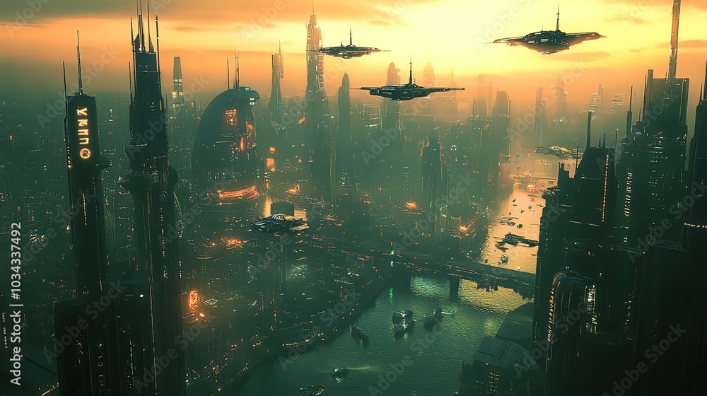 Futuristic cityscape with flying vehicles and neon lights. Futuristic cityscape with flying vehicles and neon lights.