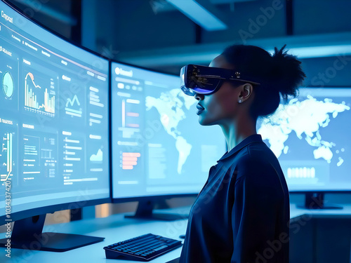 Woman Wearing VR Headset In Front of Computer Monitors.