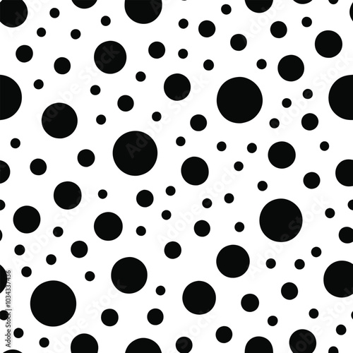 Seamless Black and White Polka Dot Pattern Vector Illustration - Circular Shapes, Flat Design, Simple Repeating Pattern, Ideal for Backgrounds, Fabrics, Wallpapers, and Graphic Design Projects