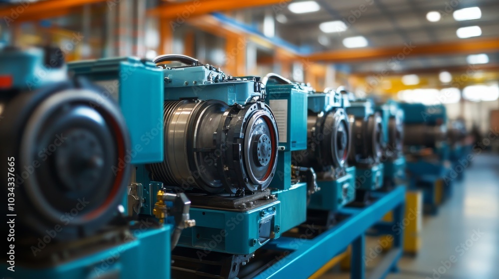 Large industrial engines are neatly arranged in a spacious well lit warehouse area Large industrial engines are neatly arranged in a spacious well lit warehouse area