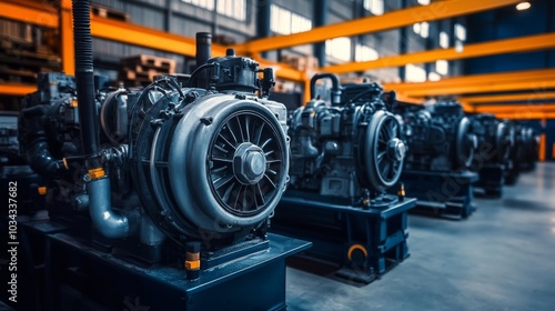 Large industrial engines sit prominently in a warehouse showcasing engineering excellence photo