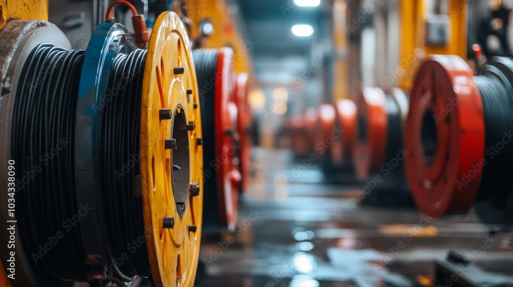 Obraz premium Large spools of electrical wiring are organized neatly within a vibrant industrial environment