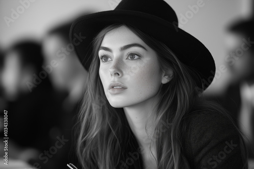 An attractive young woman in a stylish black hat