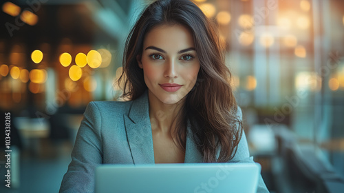 Woman in business suit working on laptop in office. Studio portrait with blurred background. Business and professional work concept for design and print.