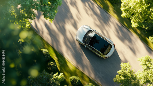 Car driving on a scenic road, surrounded by greenery, from a bird's eye view. Concept of family trip, travel, long drive background. Generative AI