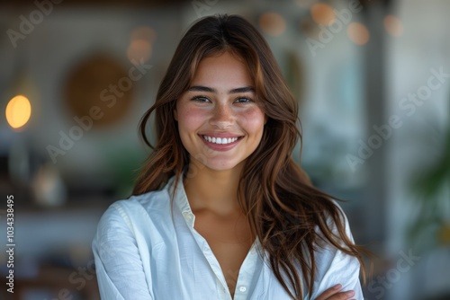 Smiling young woman standing with arms crossed