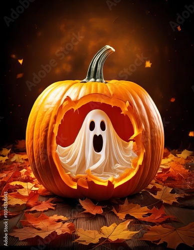 A little ghost sitting inside a Halloween pumpkin