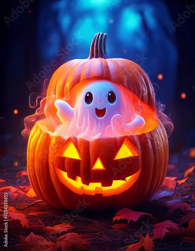 A little ghost sitting inside a Halloween pumpkin