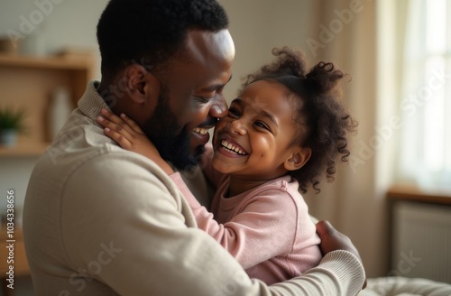 Young African father hugging his little daughter at home, both laughing, having fun, great relationship